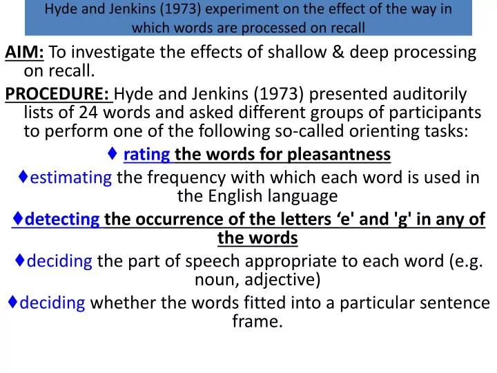 hyde and jenkins 1973 experiment on the effect of the way in which words are processed on recall