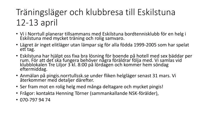 tr ningsl ger och klubbresa till eskilstuna 12 13 april