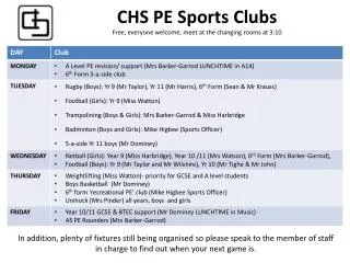 CHS PE Sports Clubs Free, everyone welcome, meet at the changing rooms at 3:10
