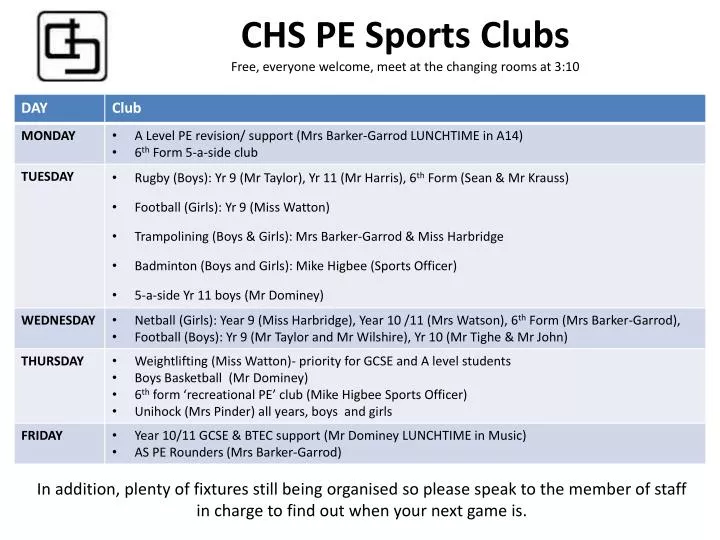 chs pe sports clubs free everyone welcome meet at the changing rooms at 3 10