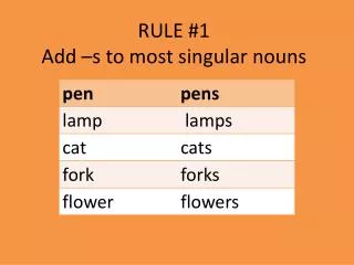 RULE #1 Add –s to most singular nouns