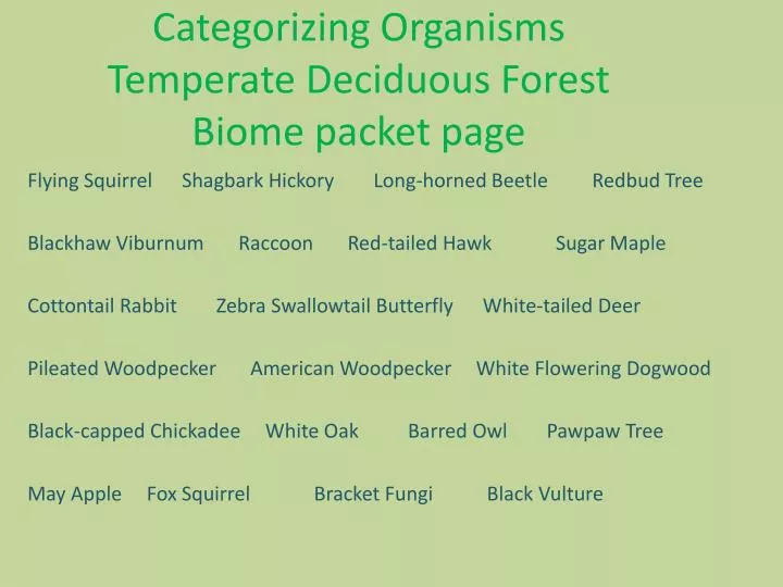 categorizing organisms temperate deciduous forest biome packet page