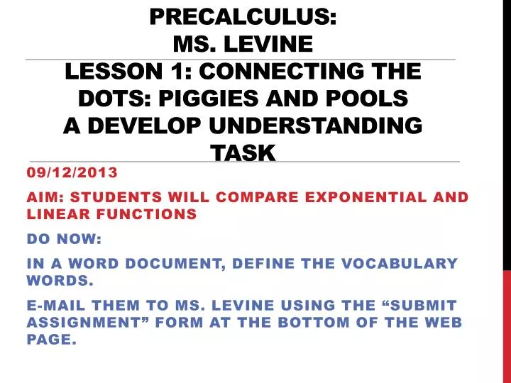 precalculus ms levine lesson 1 connecting the dots piggies and pools a develop understanding task