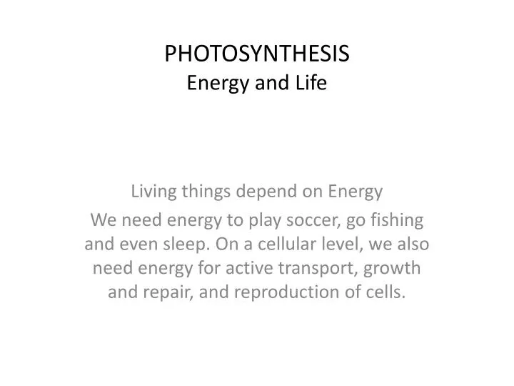photosynthesis energy and life