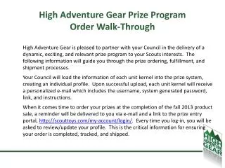 High Adventure Gear Prize Program Order Walk-Through