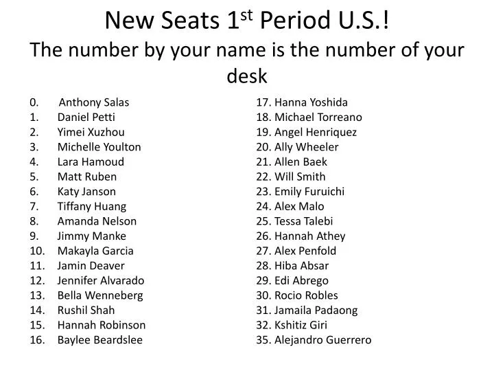 new seats 1 st period u s the number by your name is the number of your desk