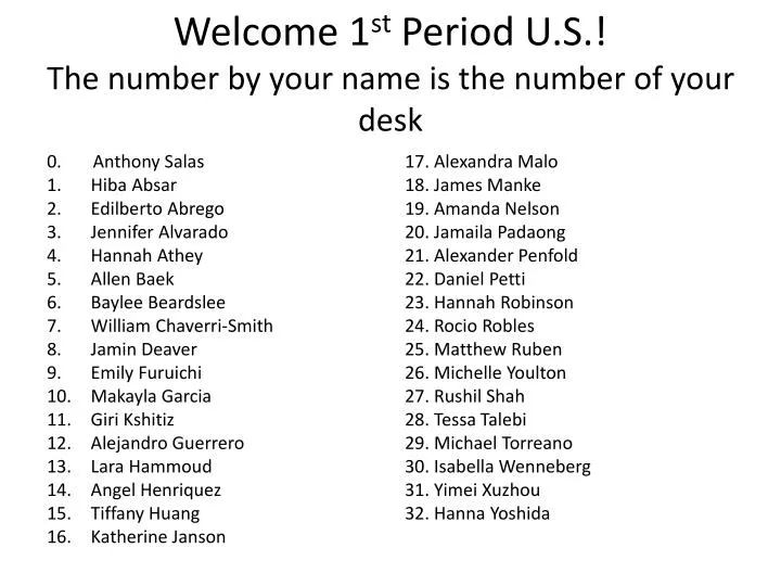 welcome 1 st period u s the number by your name is the number of your desk
