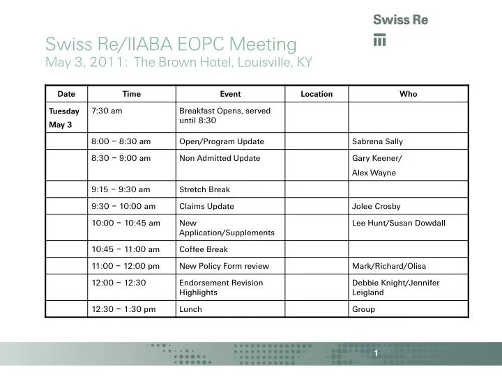swiss re iiaba eopc meeting may 3 2011 the brown hotel louisville ky