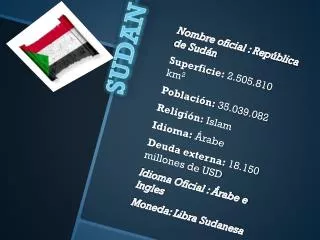 N ombre oficial : República de Sudán Superficie: 2.505.810 km 2 Población: 35.039.082