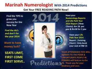 Marinah Numerologist With 2014 Predictions Get Your FREE READING PATH Now!