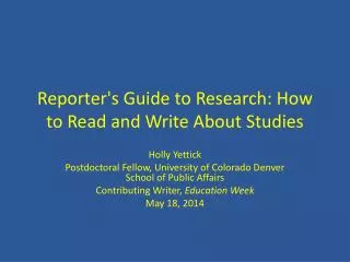 Reporter's Guide to Research: How to Read and Write About Studies