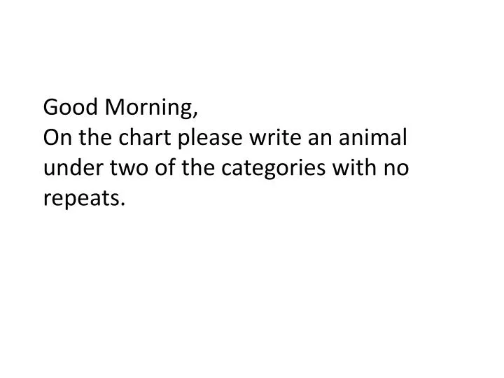 good morning on the chart please write an animal under two of the categories with no repeats