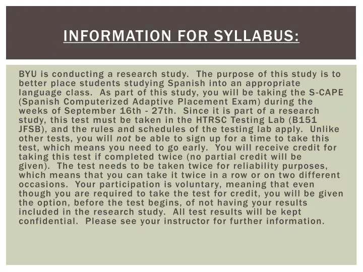information for syllabus