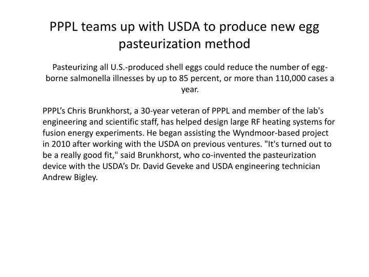 pppl teams up with usda to produce new egg pasteurization method