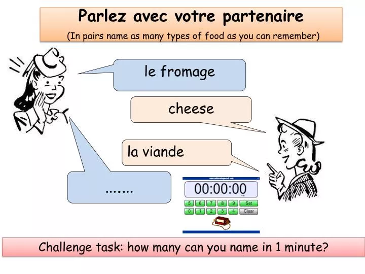 parlez avec votre partenaire in pairs name as many types of food as you can remember