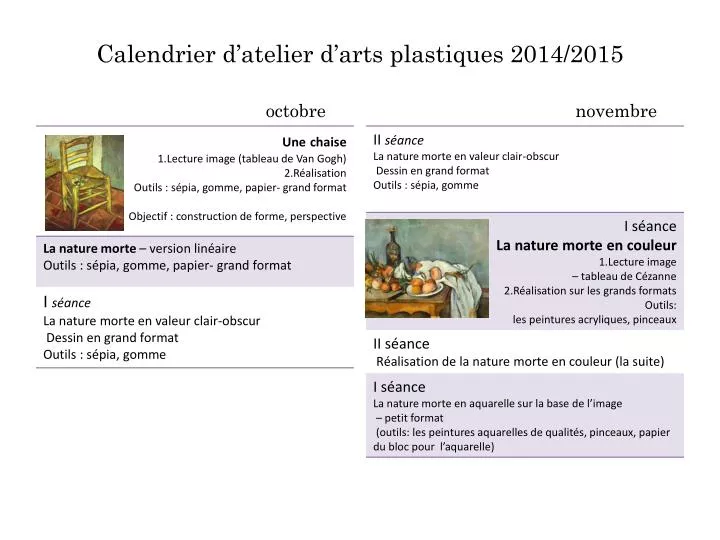 calendrier d atelier d arts plastiques 2014 2015