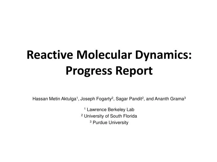 reactive molecular dynamics progress report