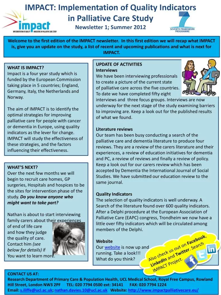 impact implementation of quality indicators in palliative care study newsletter 1 summer 2012
