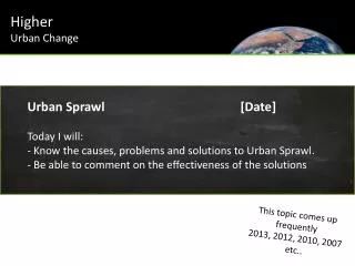 Urban Sprawl				[Date] Today I will: Know the causes, problems and solutions to Urban Sprawl.