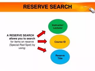 A RESERVE SEARCH allows you to search for items on reserve (Special-Red Spot) by using: