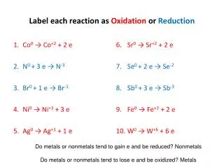 Label each reaction as Oxidation or Reduction