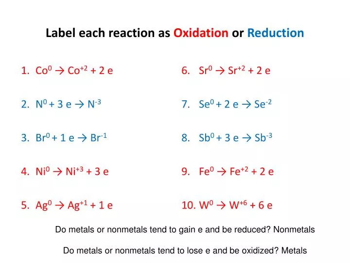 label each reaction as oxidation or reduction