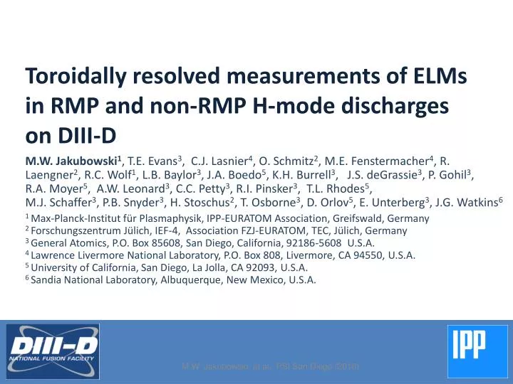 toroidally resolved measurements of elms in rmp and non rmp h mode discharges on diii d
