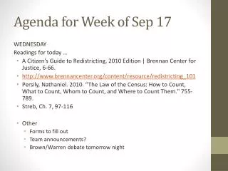 Agenda for Week of Sep 17