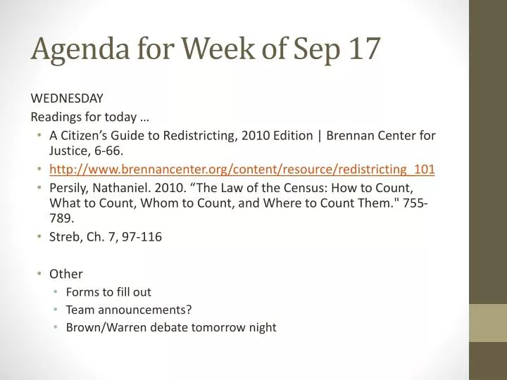 agenda for week of sep 17