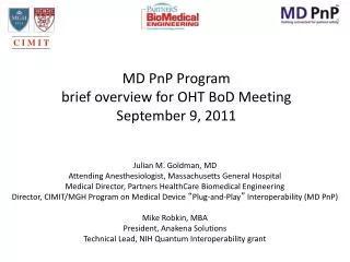 MD PnP Program brief o verview for OHT BoD Meeting September 9, 2011
