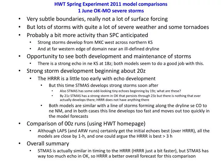 hwt spring experiment 2011 model comparisons 1 june ok mo severe storms