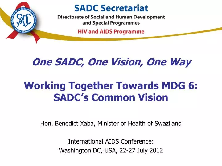 one sadc one vision one way working together towards mdg 6 sadc s common vision