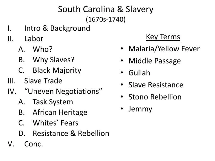 south carolina slavery 1670s 1740