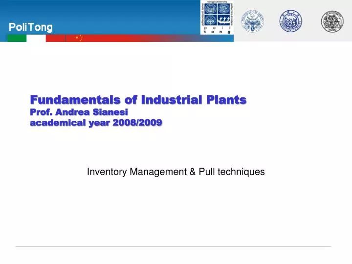 fundamentals of industrial plants prof andrea sianesi academical year 2008 2009