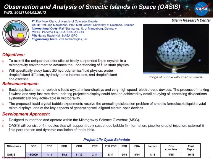 observation and analysis of smectic islands in space oasis wbs 904211 04 02 30 13
