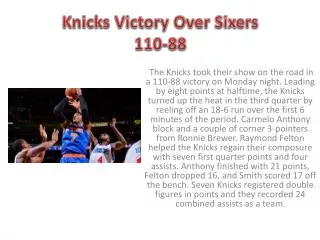 Knicks Victory Over Sixers 110-88