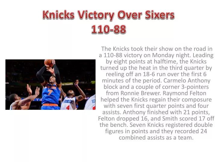 knicks victory over sixers 110 88