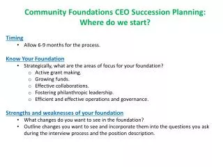 Community Foundations CEO Succession Planning: Where do we start? Timing