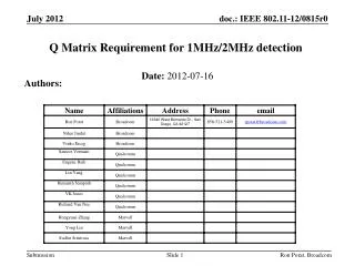 Q Matrix Requirement for 1MHz/2MHz detection