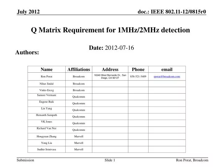 q matrix requirement for 1mhz 2mhz detection