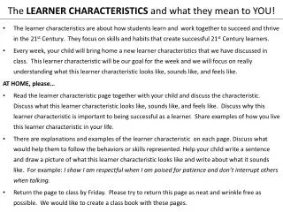 The LEARNER CHARACTERISTICS and what they mean to YOU!