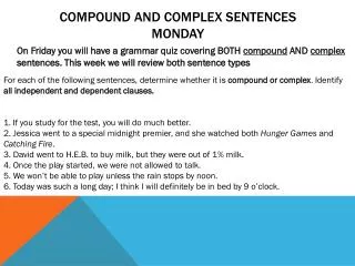 Compound and Complex Sentences Monday