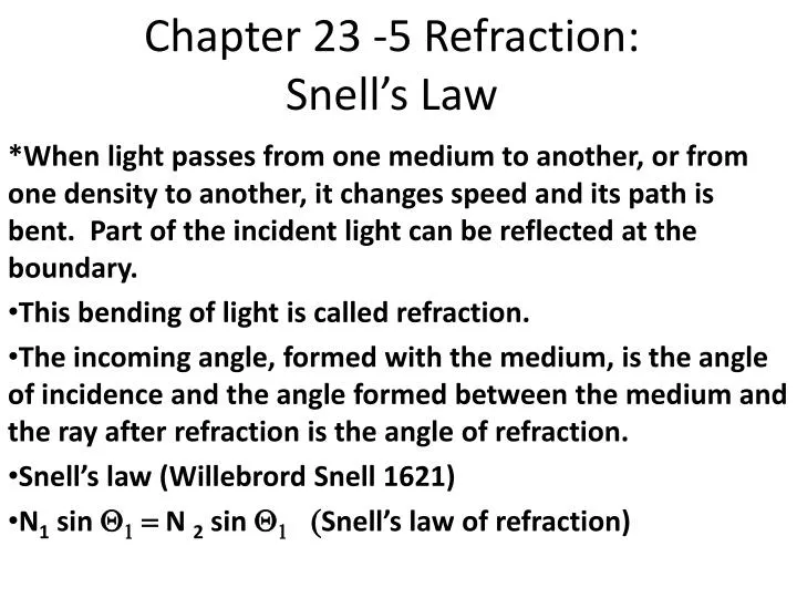 chapter 23 5 refraction snell s law