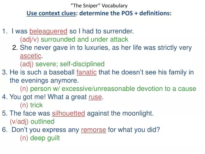 the sniper vocabulary use context clues determine the pos definitions