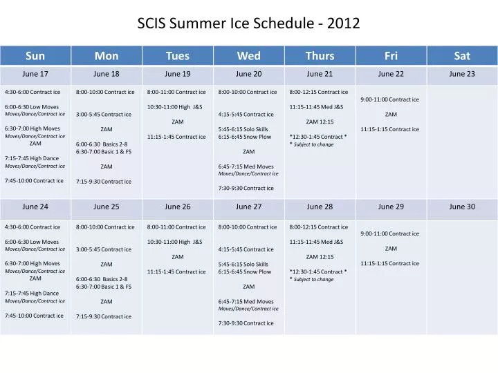 scis summer ice schedule 2012