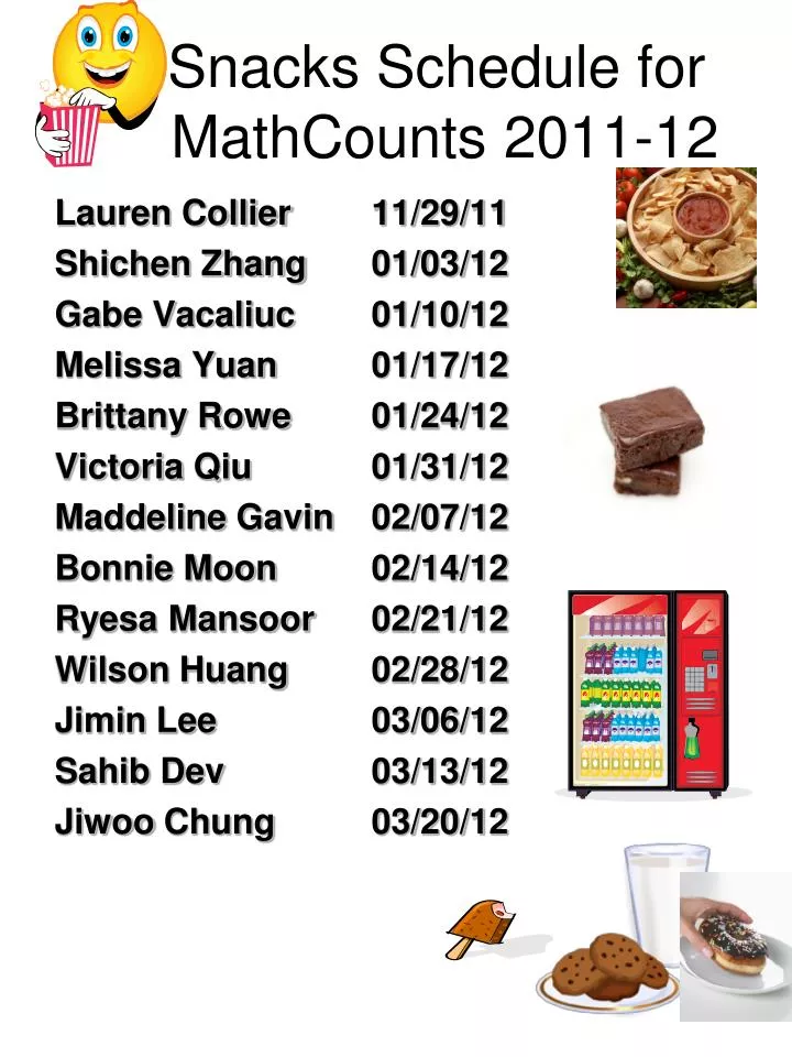 snacks schedule for mathcounts 2011 12