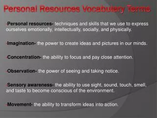 Personal Resources Vocabulary Terms