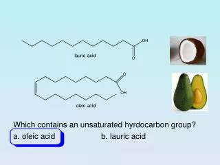 Which contains an unsaturated hyrdocarbon group? a. oleic acid 		b. lauric acid