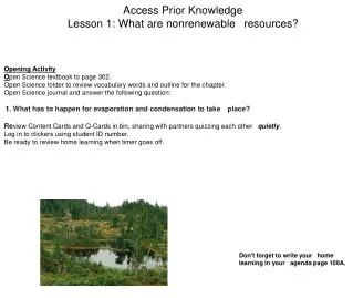 Access Prior Knowledge Lesson 1: What are nonrenewable ?resources?