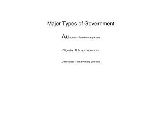 Major Types of Government Au tocracy - Rule by one person Oligarchy - Rule by a few persons